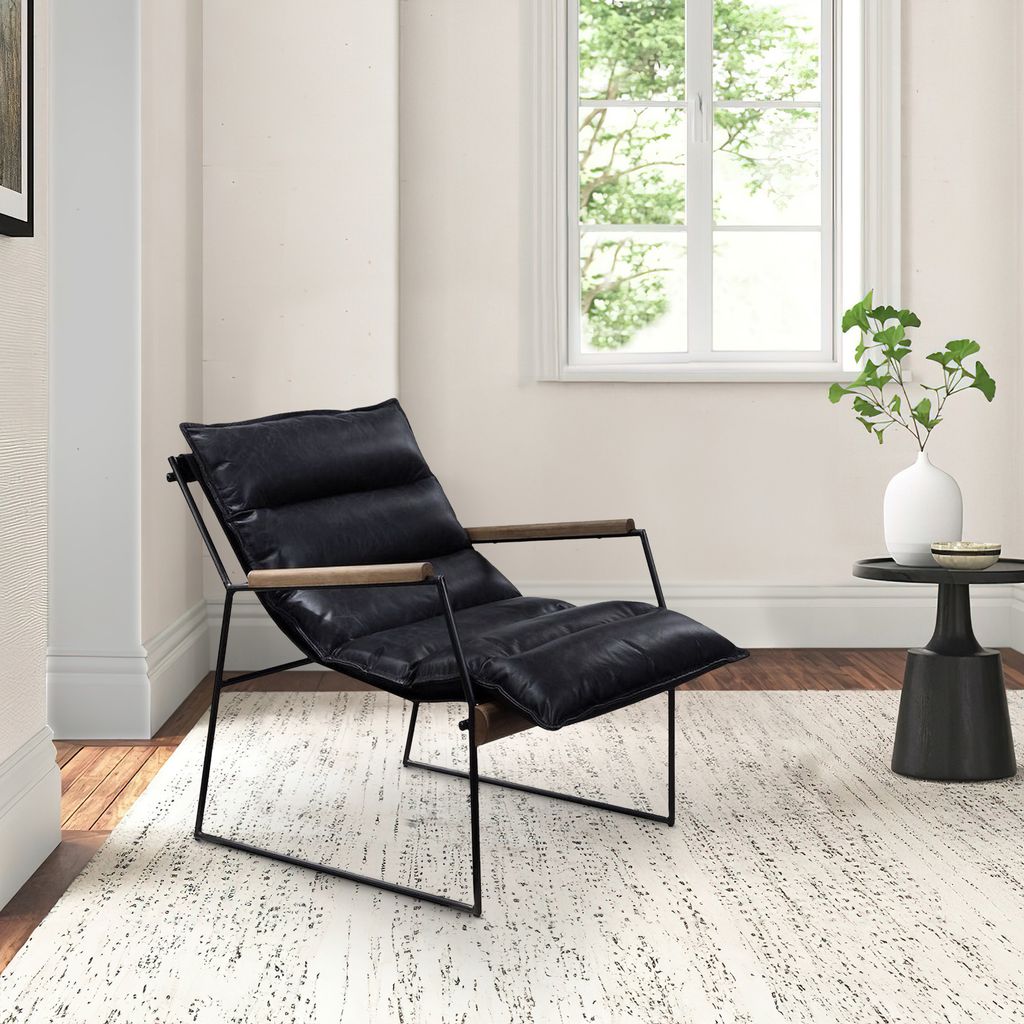 Accent Chair with Leatherette Seat and Metal Frame, Black - View 7