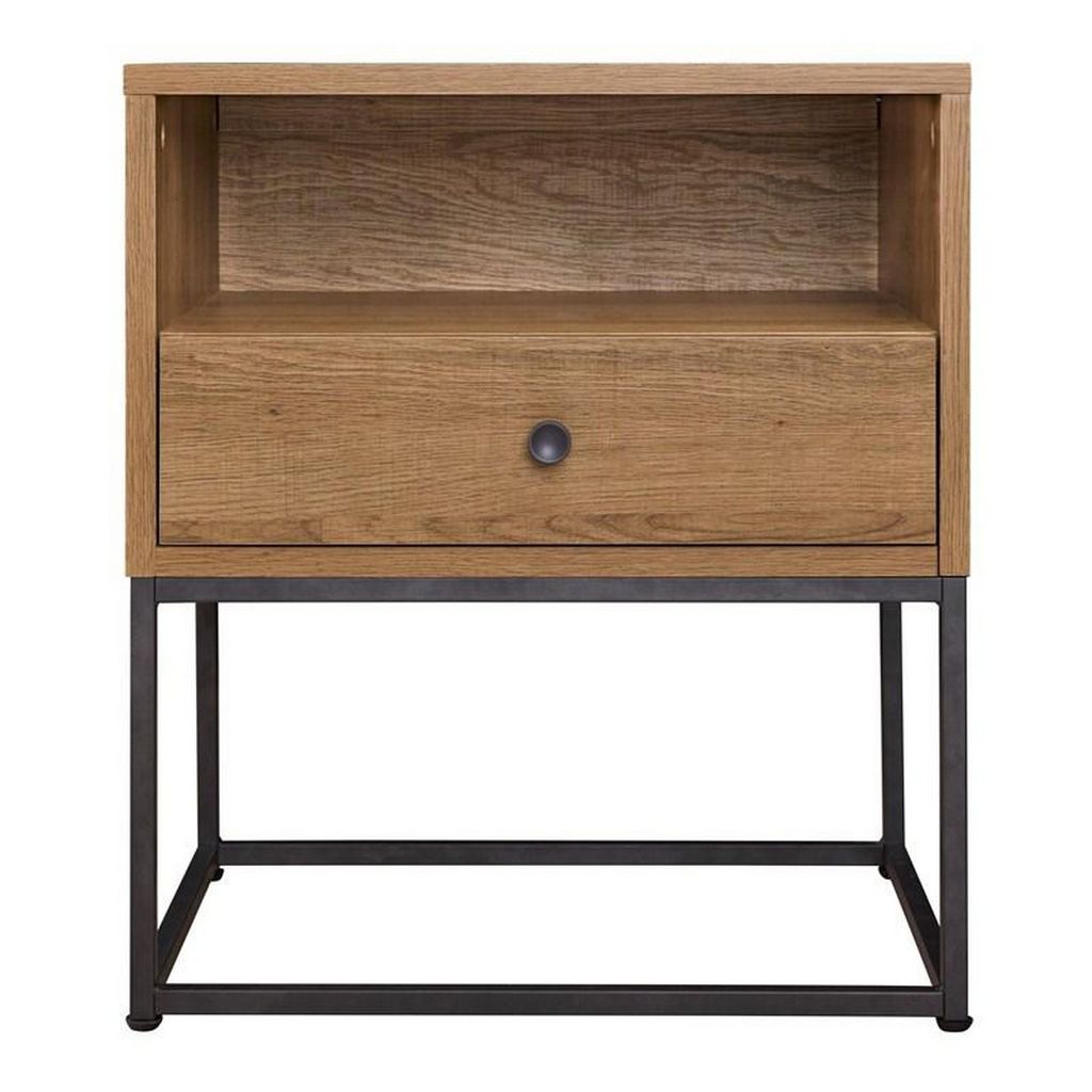 Mila 22 Inch Modern Wood Nightstand On Metal Base, Open Shelf, Light Brown - View 2