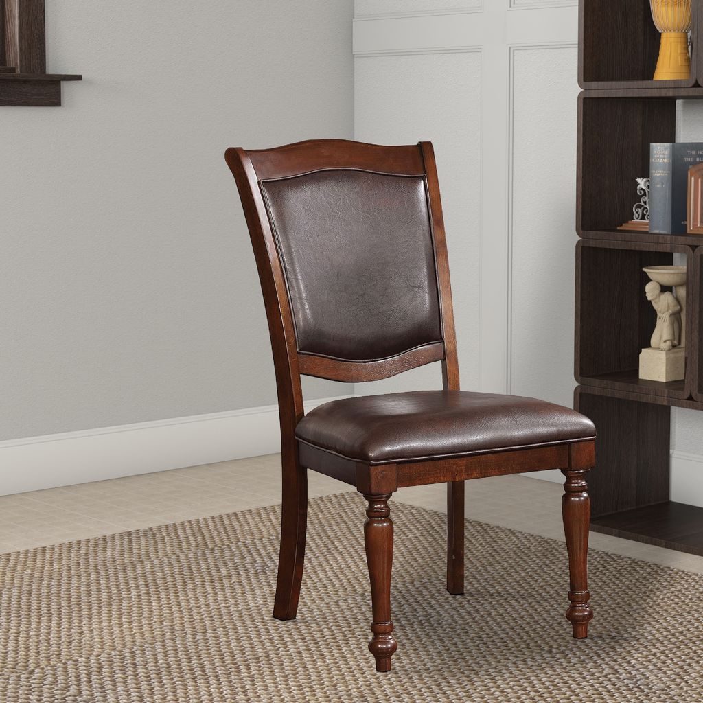 Wooden Side Chair with Leatherette Cushioned Seating, Brown, Set of 2 - View 7