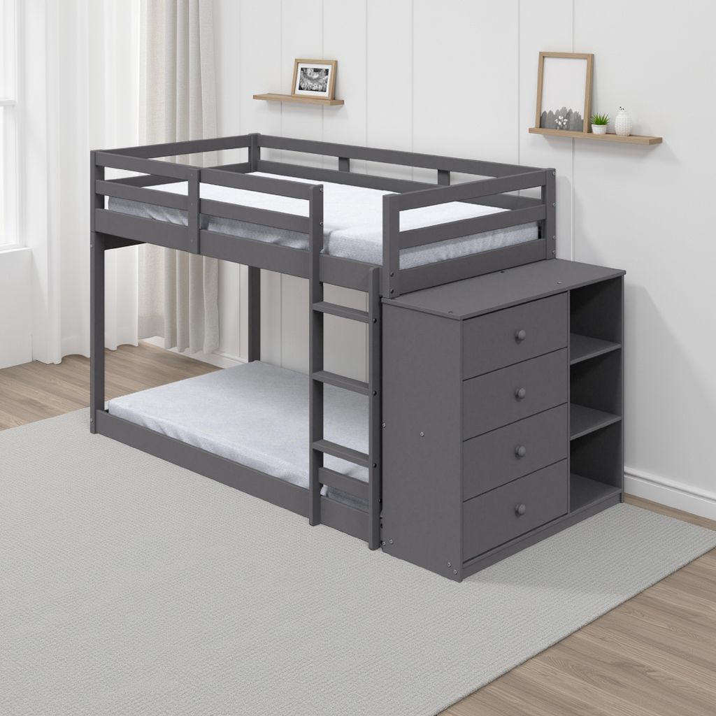 Classic Twin Bunk Bed with Cabinet, 4 Drawers, 3 Compartments, Ladder, Gray - View 7