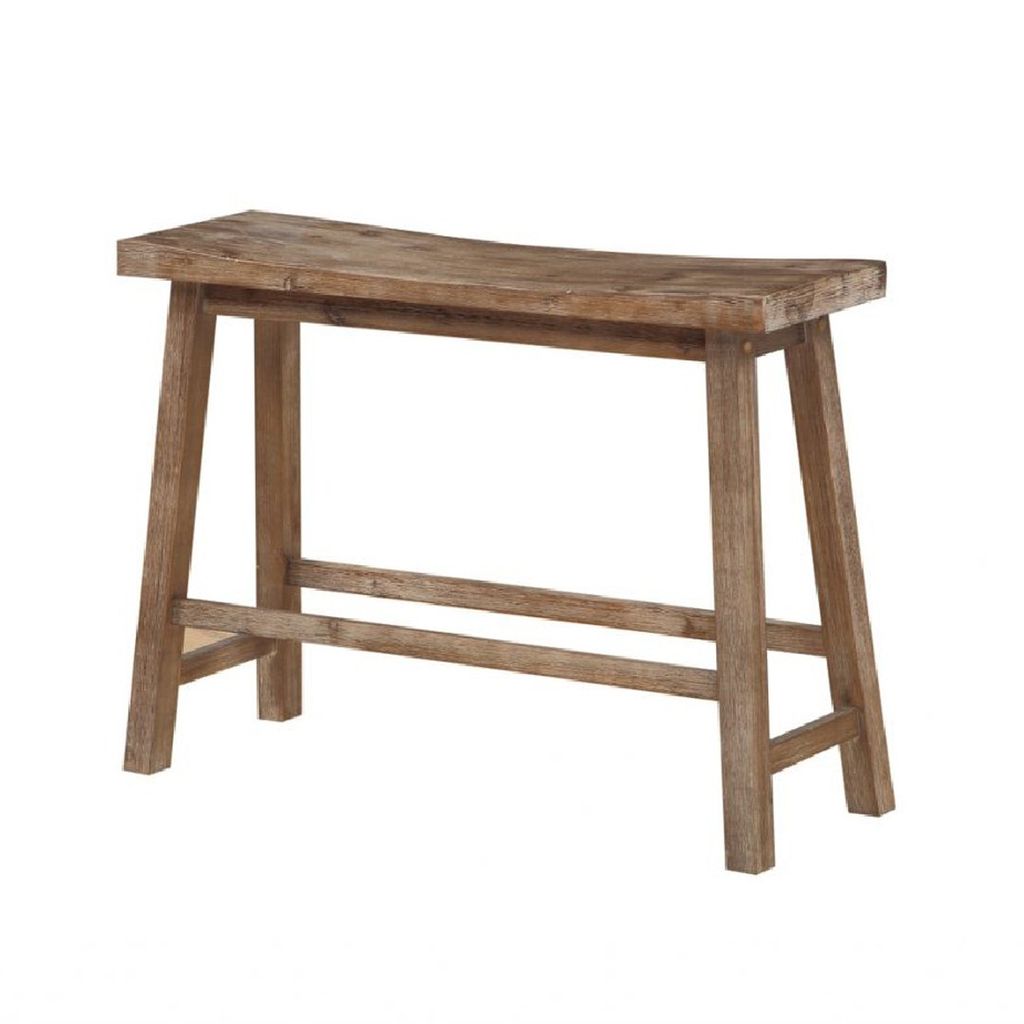 33 Inch Saddle Seat Bench with Angled Frame, Sandblasted Antique Brown Acacia Wood