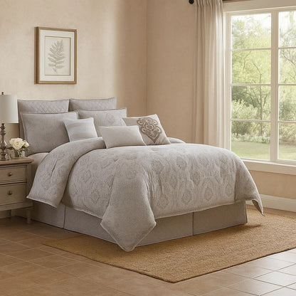 9 Piece Queen Cotton Comforter Set with Textured Floral Print, Gray - View 7