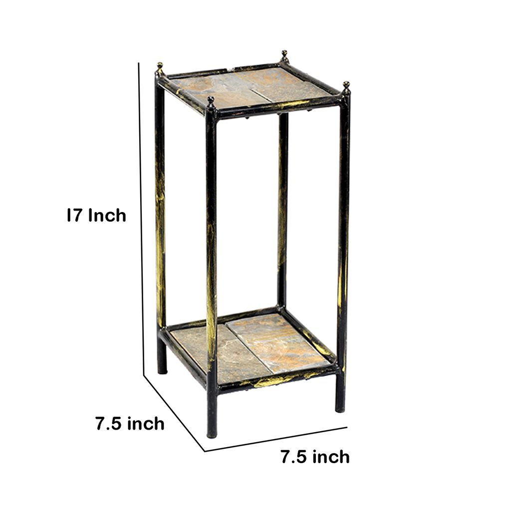 2 Tier Square Stone Top Plant Stand with Metal Frame, Small, Black and Gray - View 5
