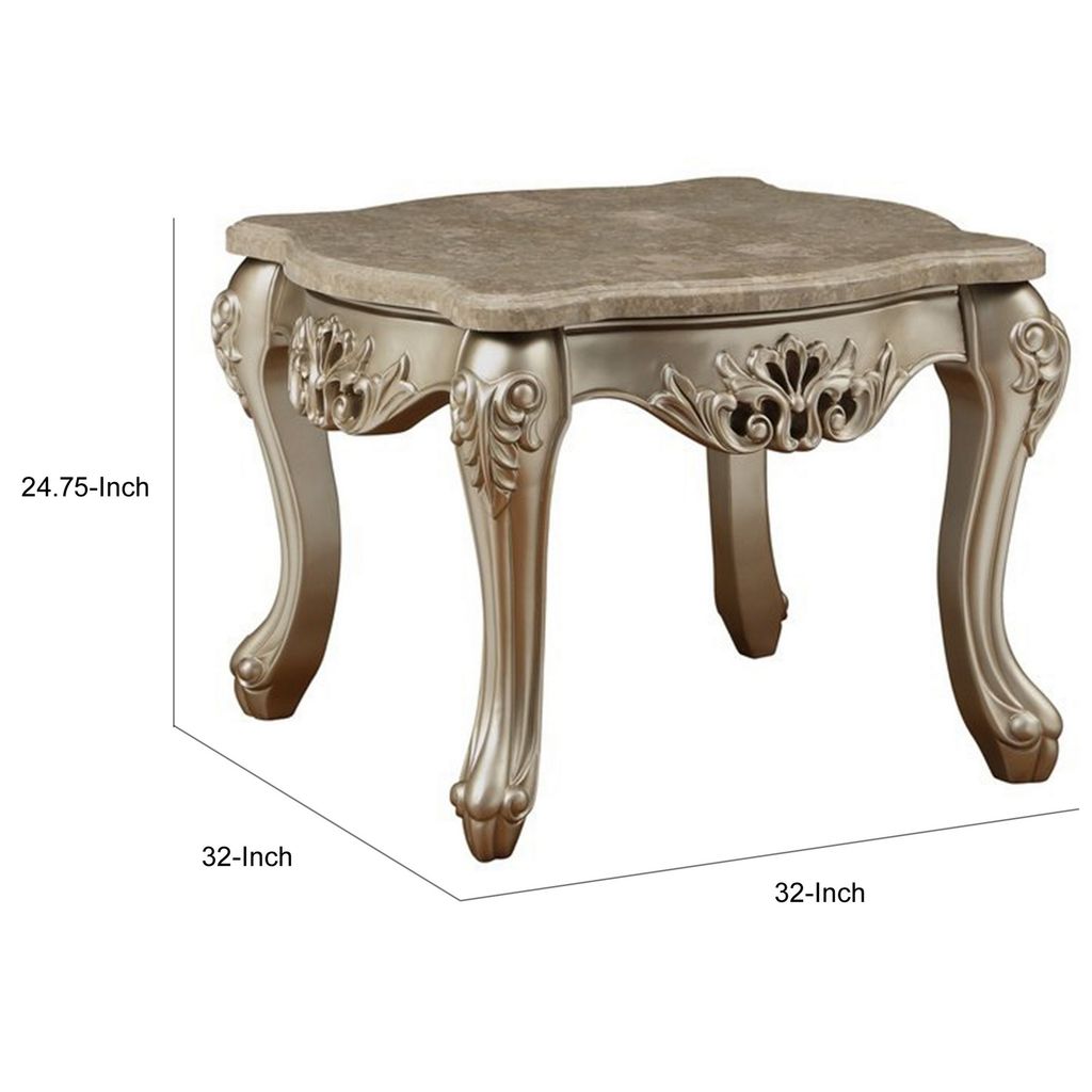 Marble Top Wooden End Table with Queen Anne Style Legs, Champagne Gold - View 6