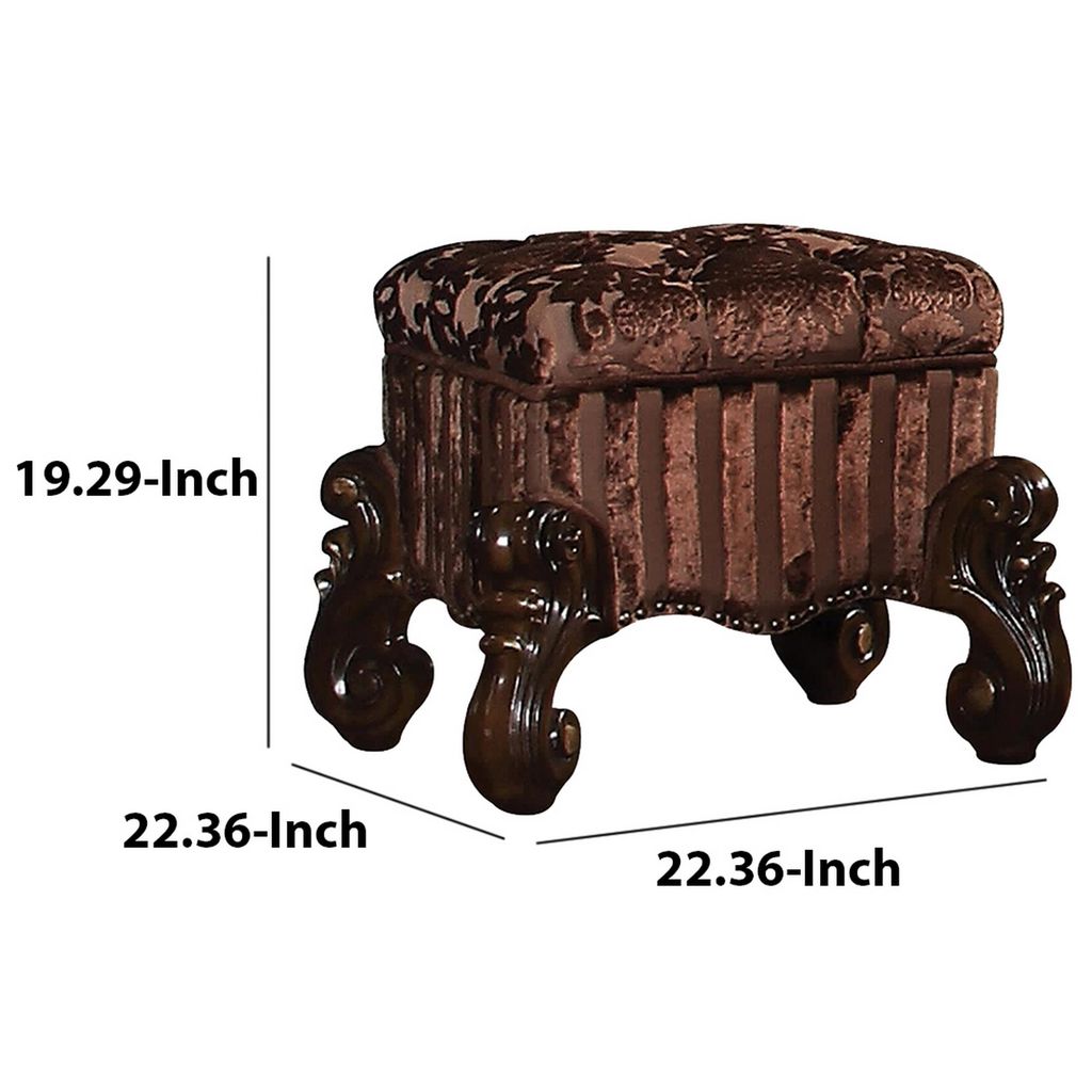 Tufted Fabric Upholstered Wooden Vanity Stool with Scrolled Legs, Cherry Oak brown - View 6
