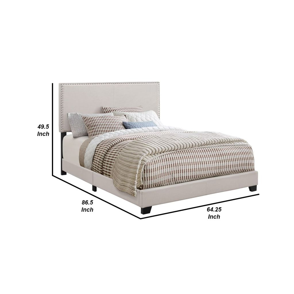 Fabric Upholstered Queen Size Platform Bed with Nail Head Trim, Ivory - View 6