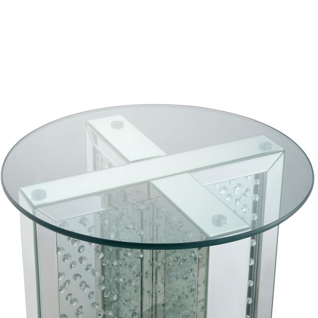 Round Mirrored Metal End Table with Glass Top and Crystal Accent Base, Silver - View 3