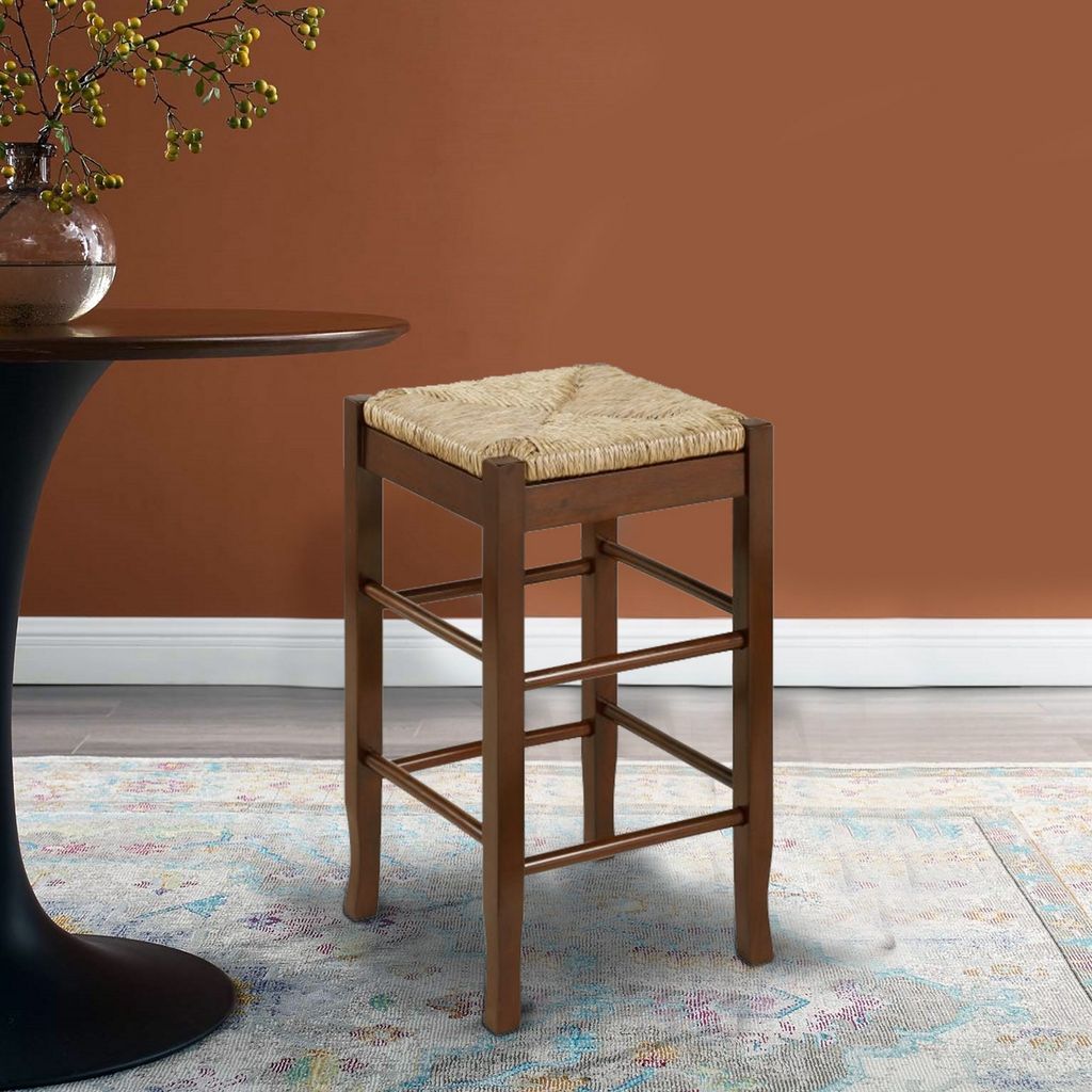 Rush Woven Wooden Frame Counter Stool with Saber Legs, Beige and Dark Brown - View 6