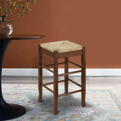 Rush Woven Wooden Frame Counter Stool with Saber Legs, Beige and Dark Brown - View 6