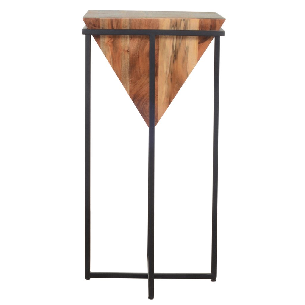 Ida 30 Inch Pyramid Shape Acacia Wood Side Table With Cross Iron Base, Brown and Black - View 3