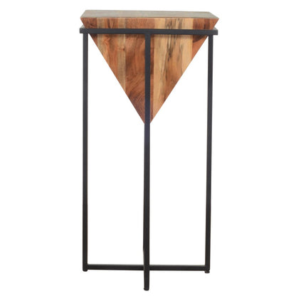 Ida 30 Inch Pyramid Shape Acacia Wood Side Table With Cross Iron Base, Brown and Black - View 3