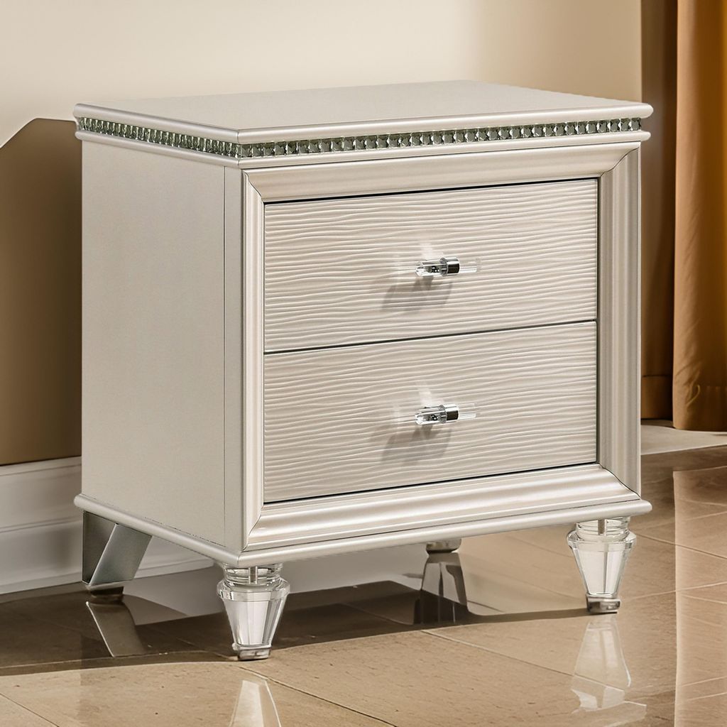 Nightstand with Textured 2 Drawers and Acrylic Legs, Pearl White - View 7