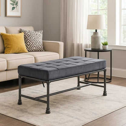 Bench with Button Tufted Seat and Pipe Style Metal Frame, Gray - View 7