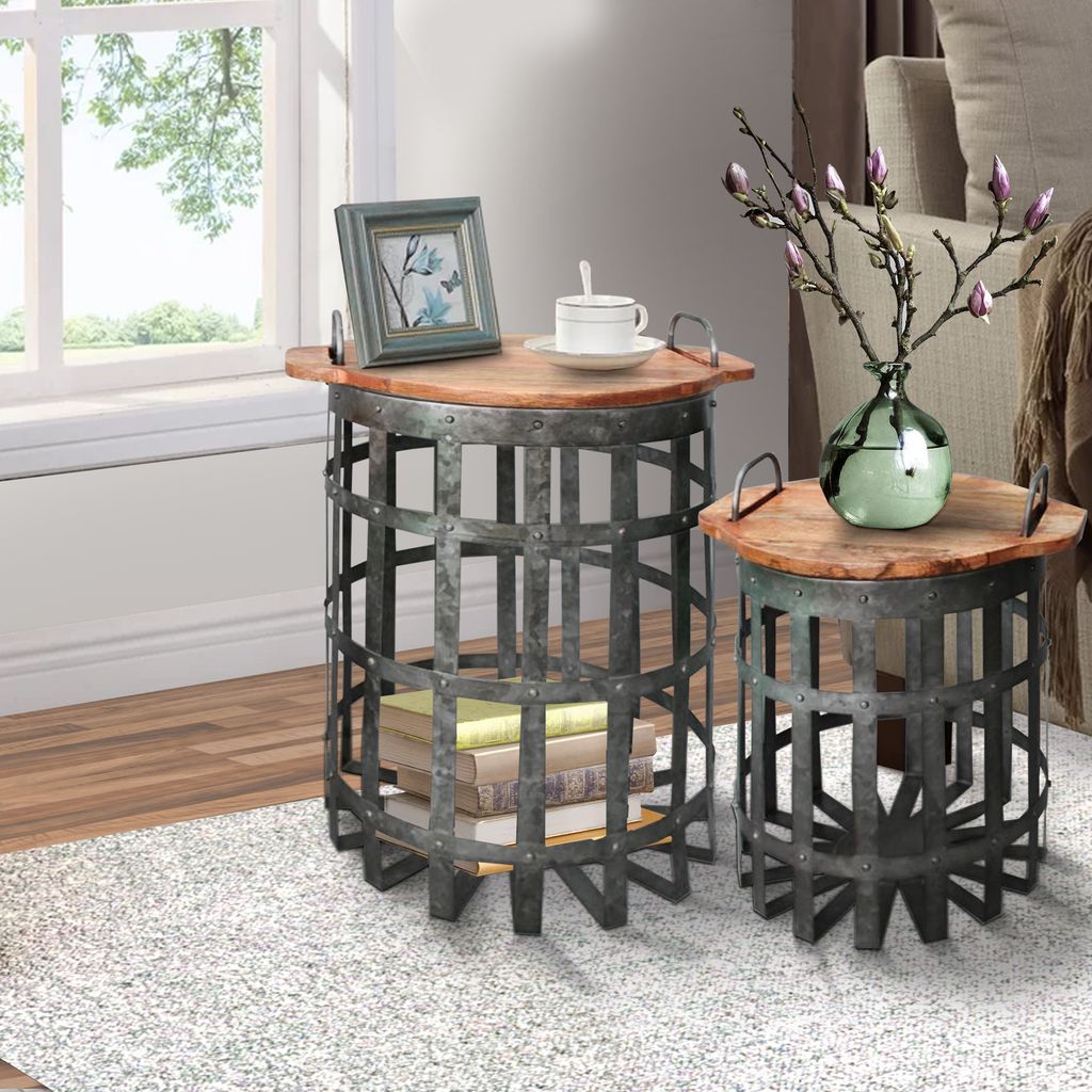 Industrial Grid Galvanized Accent Side End Table with Round Lid and Handles, Set of 2, Gray and Brow - View 6