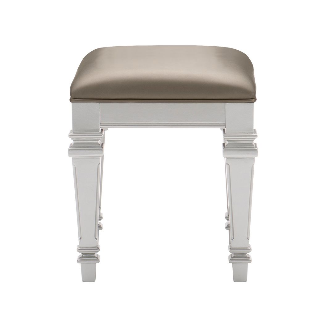 Leatherette Padded Vanity Stool with Tapered Legs and Molded Detail, Silver - View 2