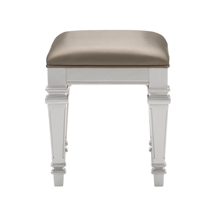Leatherette Padded Vanity Stool with Tapered Legs and Molded Detail, Silver - View 2