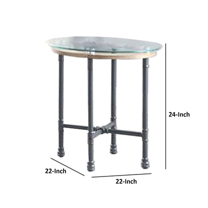 End Table with Round Glass Top and Metal Pipe Style Legs, Gray - View 6