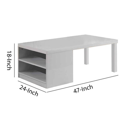 Wood and Metal Frame Coffee Table with Open Shelves, White and Chrome - View 6