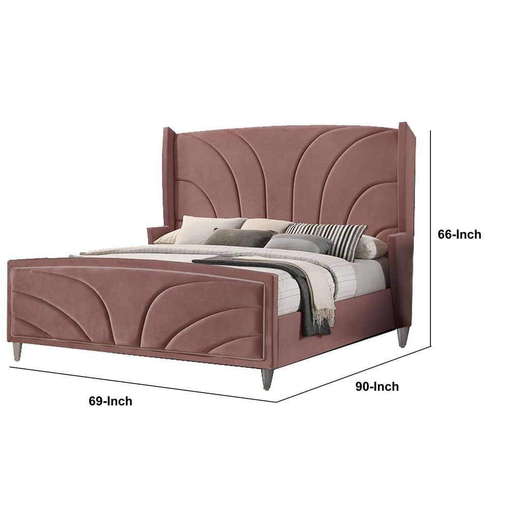 Kerith Modern Wood Queen Size Bed, Wingback Frame, Pink Velvet, Chrome Legs - View 6
