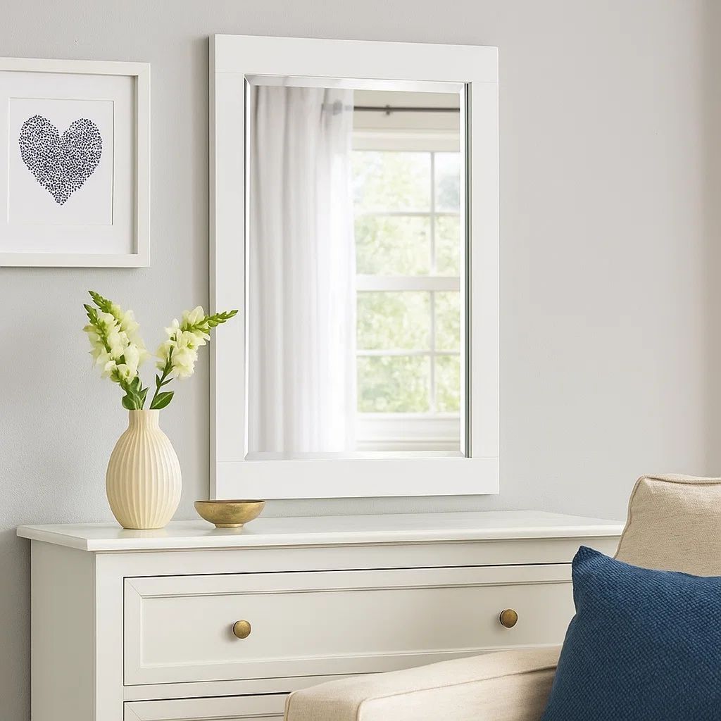 27 Inch Contemporary Wooden Frame Rectangular Mirror, White - View 7