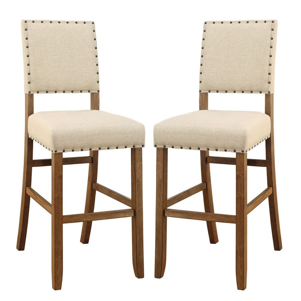 Counter Height Chair, Beige Fabric, Nailhead Trim, Set of 2, Brown Wood Legs - View 7