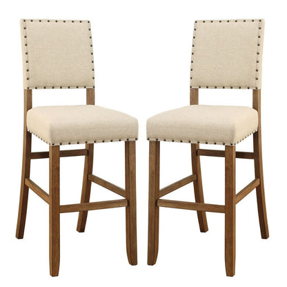 Counter Height Chair, Beige Fabric, Nailhead Trim, Set of 2, Brown Wood Legs - View 7
