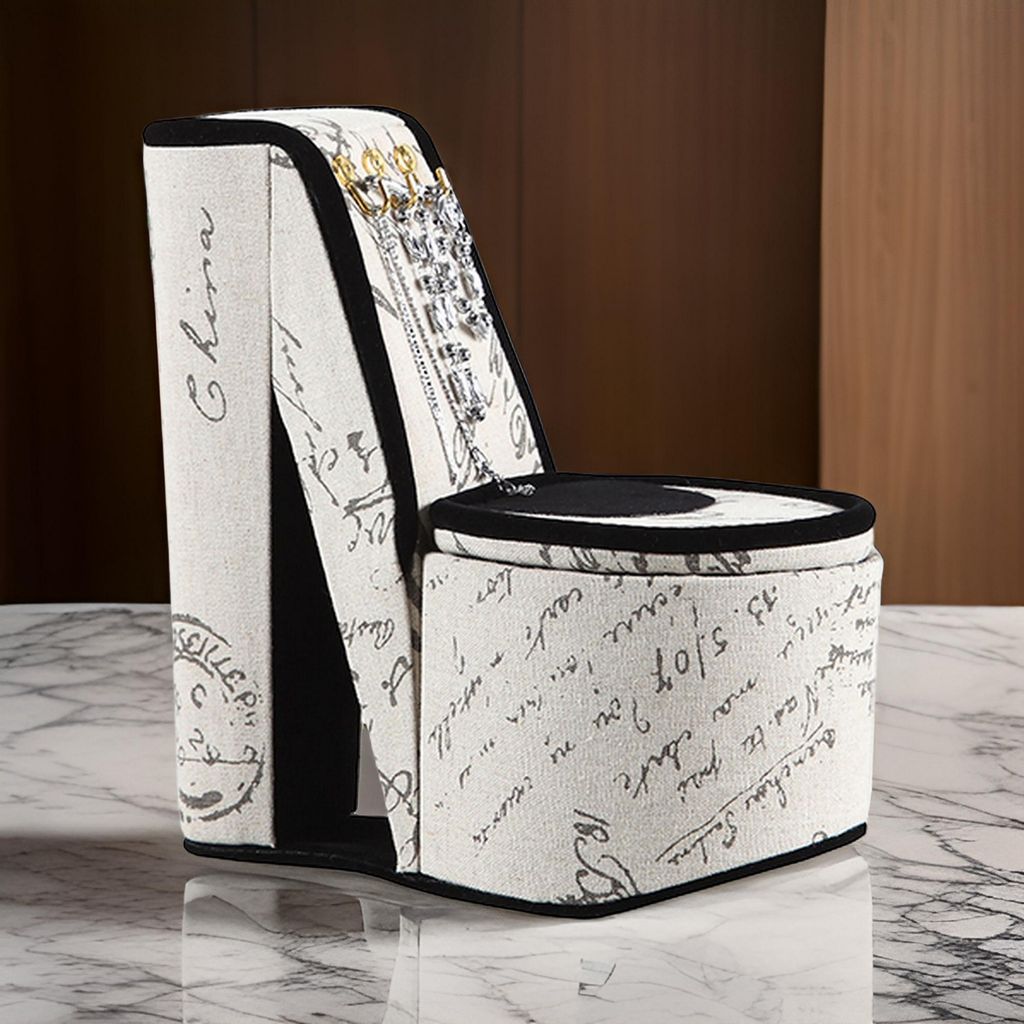 High Heel Script Shoe Jewelry Box with 3 Hooks, Beige and Black - View 7