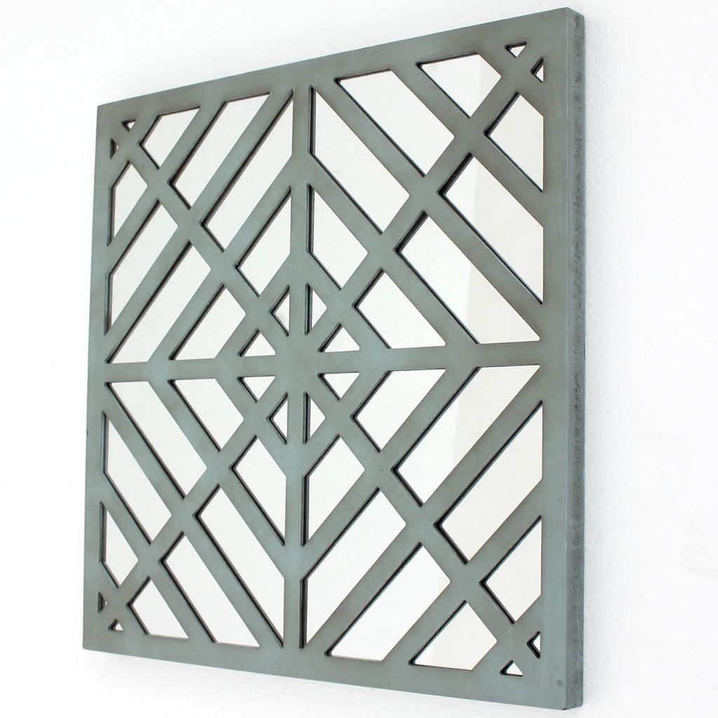 Contemporary Mirrored Wall Decor Set of 2 with Geometric Overlay on Top, Blue and Silver