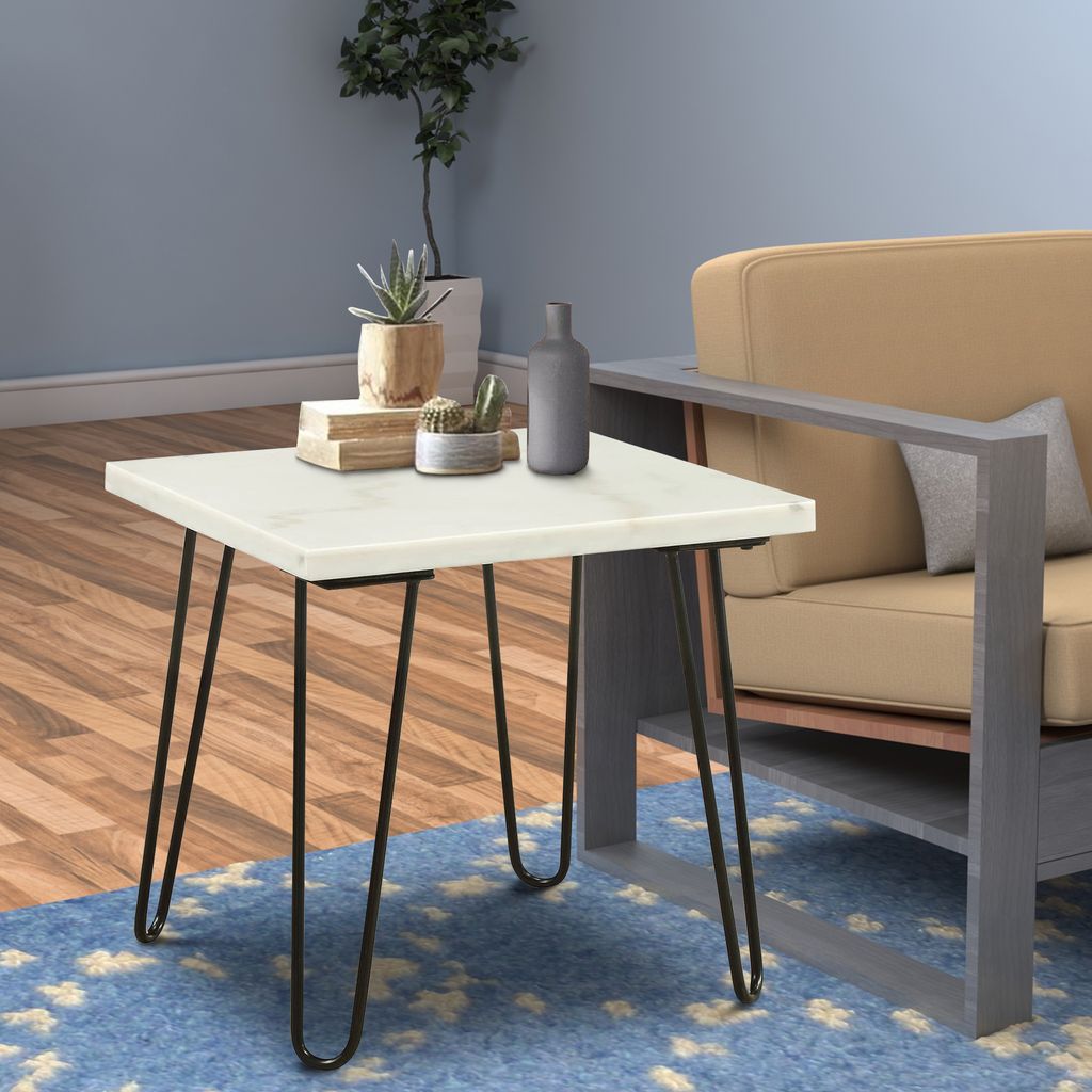Marble Top End Table with Hairpin Style Metal Legs, White and Black - View 7