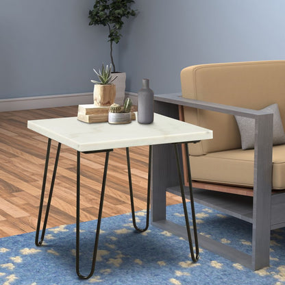 Marble Top End Table with Hairpin Style Metal Legs, White and Black - View 7
