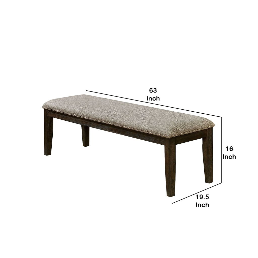 Fabric Upholstered Bench with Nailhead Trim and Tapered Legs, Gray and Espresso - View 6