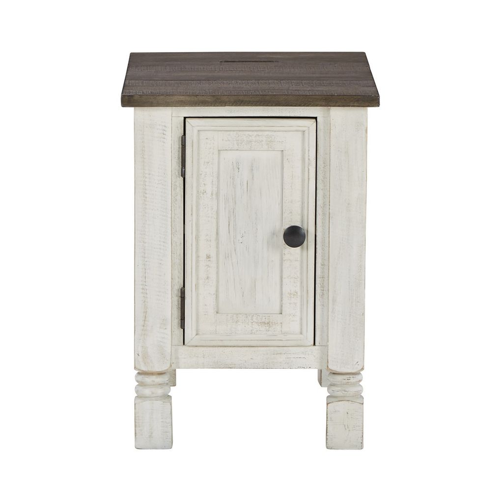 Tex 24 Inch Chairside End Table, Gray Plank Surface, USB Charger, White - View 2