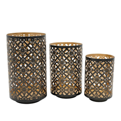 Set of 3 Lantern Candle Holders, Moroccan Lattice, Gold, Black Metal Frames - View 2