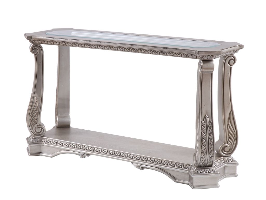 Antique Sofa Table with Polyresin Engravings and Clear Glass Top, Silver and Clear