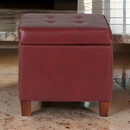 Square Shape Leatherette Upholstered Wooden Ottoman with Tufted Lift Off Lid Storage, Red - View 7