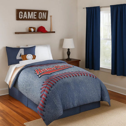6 Piece Polyester Full Comforter Set with Baseball Inspired Print, Blue - View 7