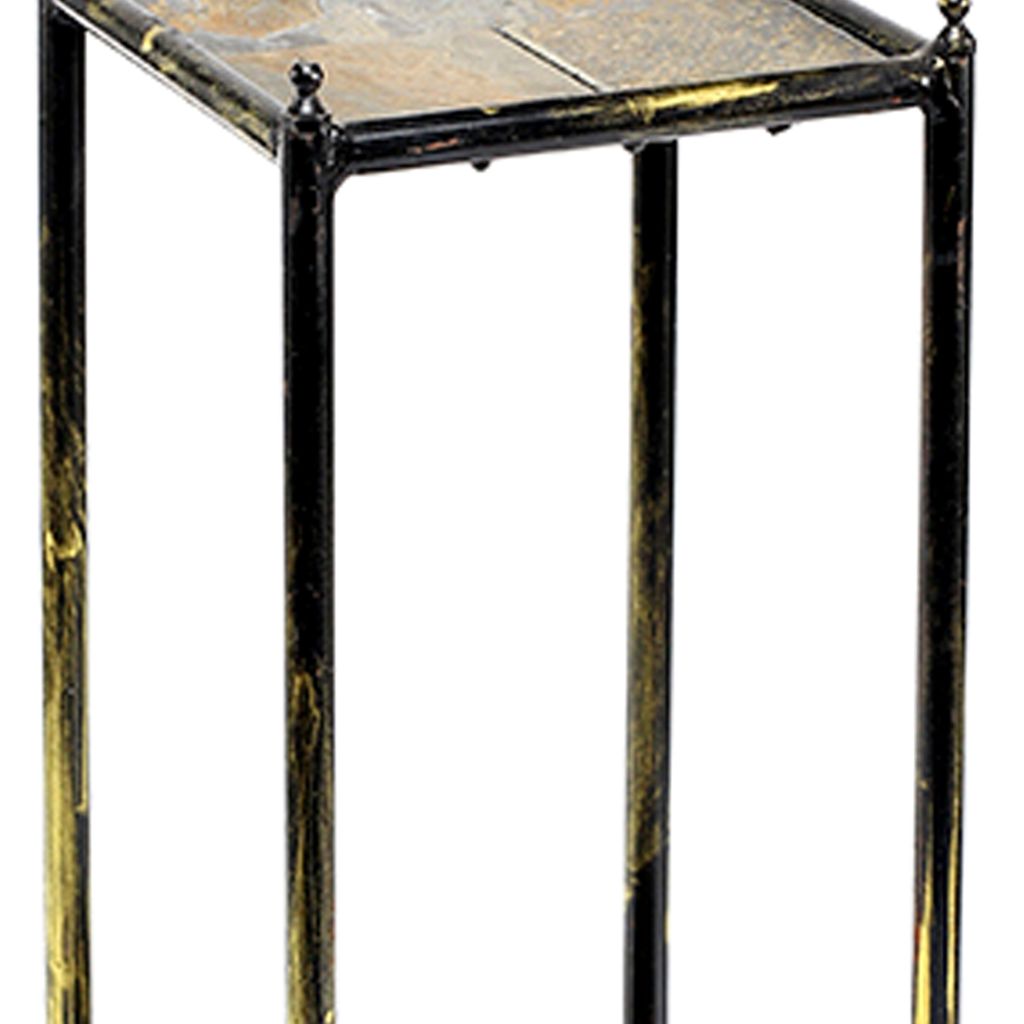2 Tier Square Stone Top Plant Stand with Metal Frame, Small, Black and Gray - View 2