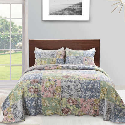 Eni 3 Piece California King Cotton Quilt Set, Pastel Blue Flower Design - View 6