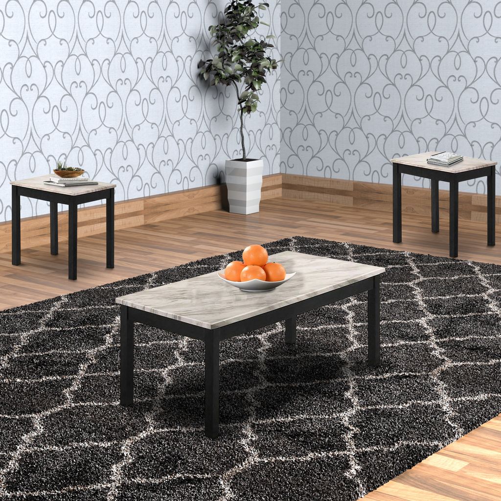 3 Piece Coffee Table and End Table with Faux Marble Top, Black and White - View 6