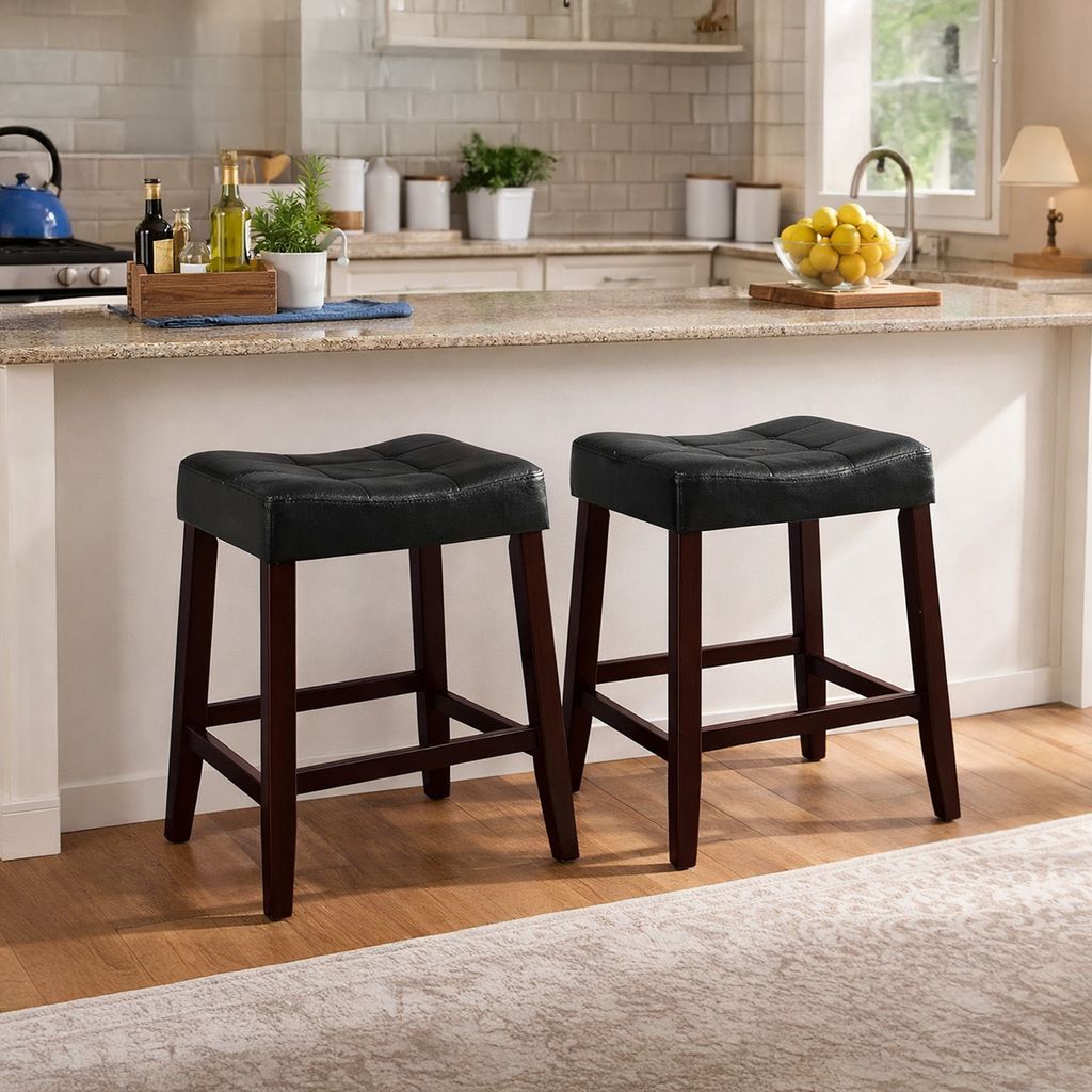 Wooden Stools with Saddle Seat and Button Tufts, Set of 2, Black and Brown - View 7