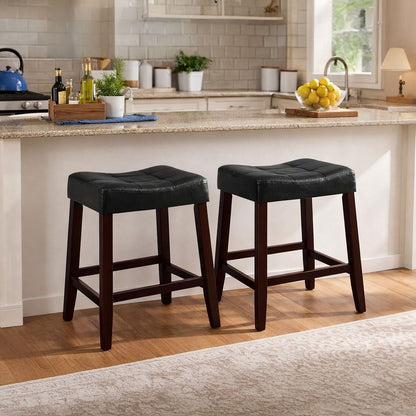 Wooden Stools with Saddle Seat and Button Tufts, Set of 2, Black and Brown - View 7