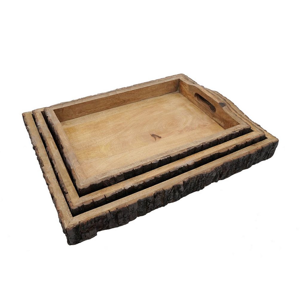 20, 18, 16 Inch Set of 3 Wood Serving Trays, Tree Bark Accent, Natural Brown - View 2