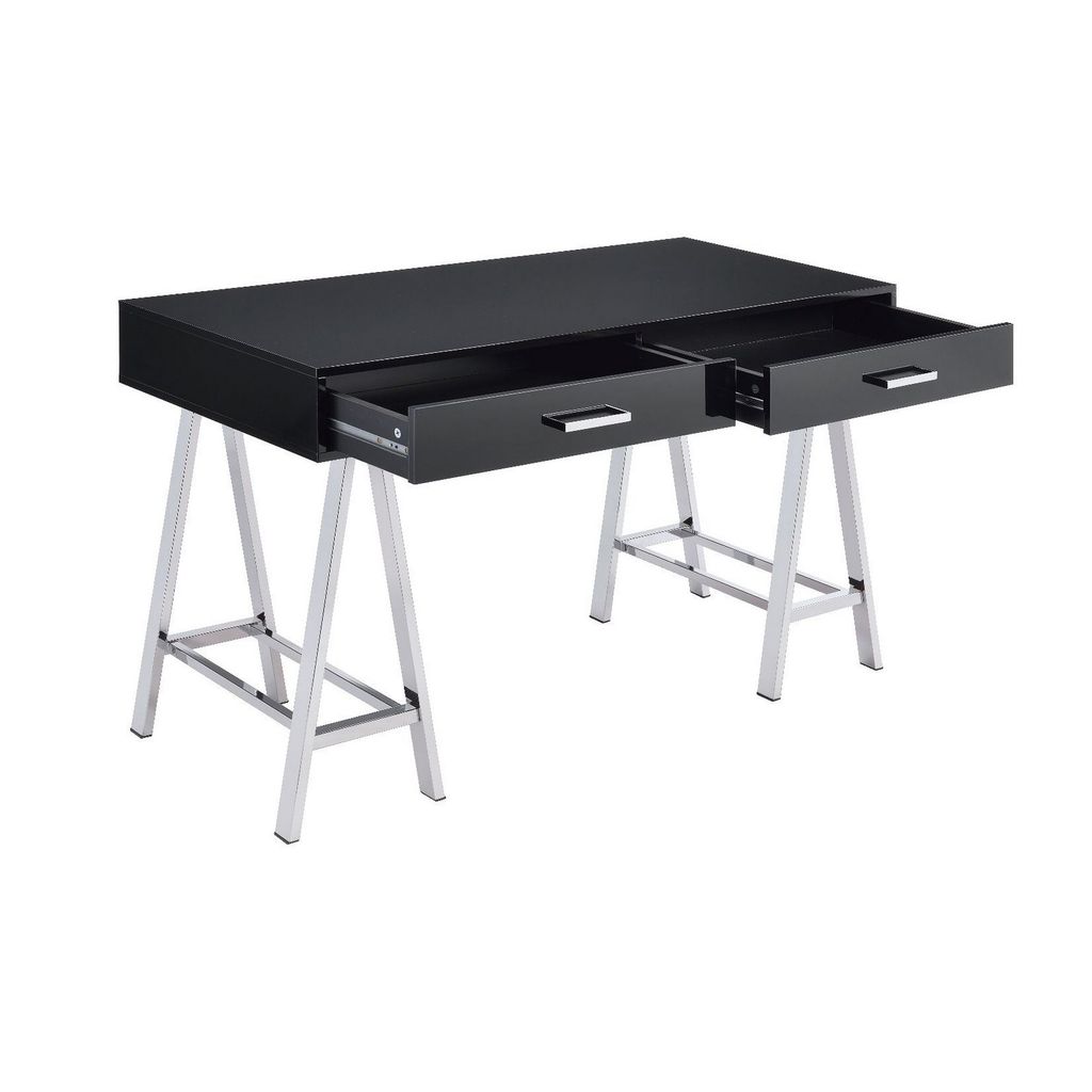 Writing Desk with MDF 2 Drawers and Metal Legs, Black and Chrome - View 4