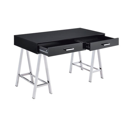 Writing Desk with MDF 2 Drawers and Metal Legs, Black and Chrome - View 4