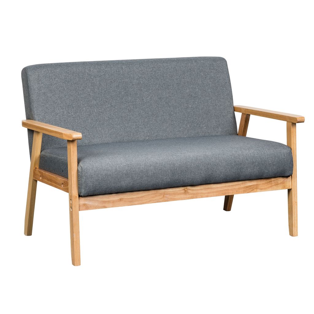Gala 45 Inch Modern Loveseat Bench, Gray Fabric, Natural Brown Wood Frame - View 2