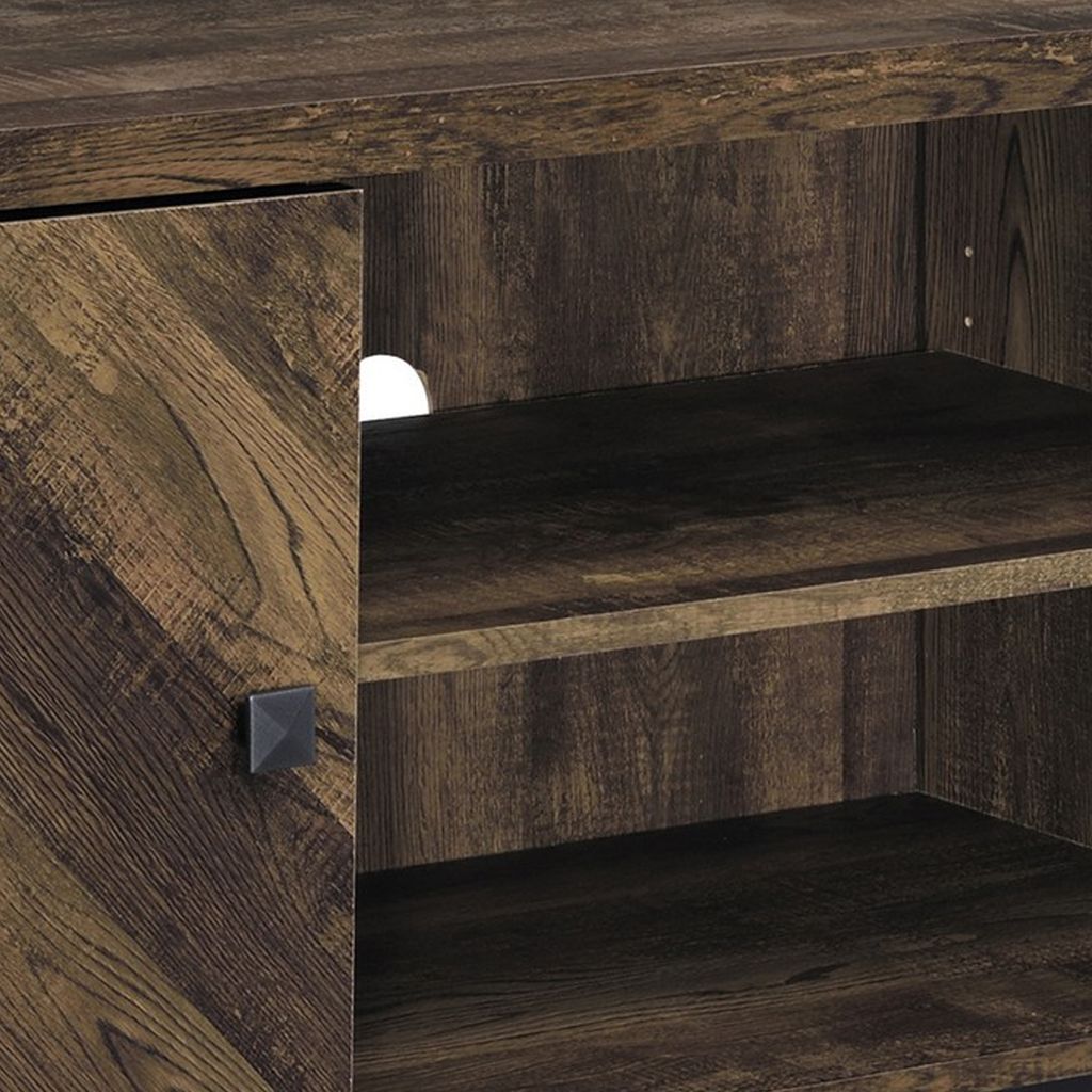 60 Inch TV Media Console Cabinet, 2 Herringbone Doors, Rustic Brown Wood - View 3
