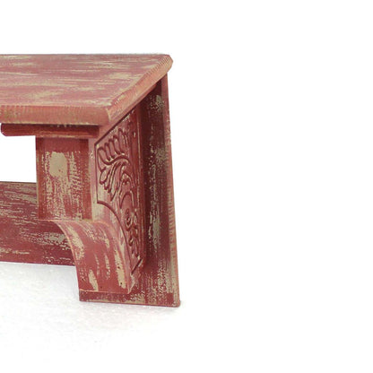 Wooden Wall Shelf Set of 2 with 4 Hooks and Carved Side Frames, Distressed Red - View 4