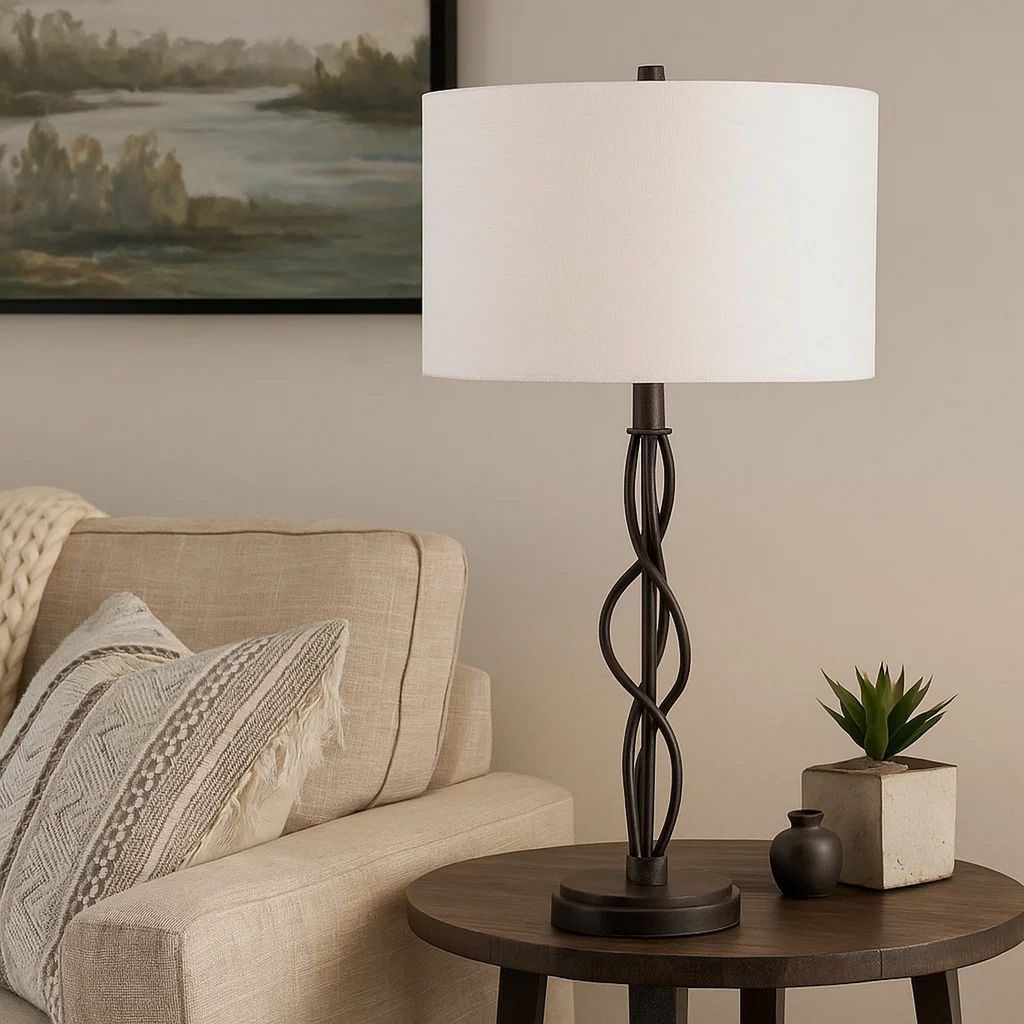 Round Fabric Shade Table Lamp, Metal Spiral Base, White, Textured Bronze - View 7