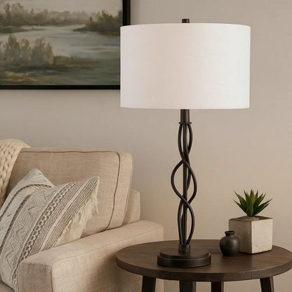 Round Fabric Shade Table Lamp, Metal Spiral Base, White, Textured Bronze - View 7
