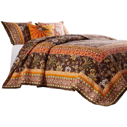 3 Piece King Quilt Set, Bohemian, Jacobean Floral Print, Brown, Orange - View 3